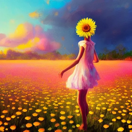 Prompt: head made of giant daisies, girl dancing barefoot in a vast flower field, arms behind back, surreal photography, sunrise dramatic light, impressionist painting, colorful clouds, large sky, digital painting, artstation, simon stalenhag, flower face