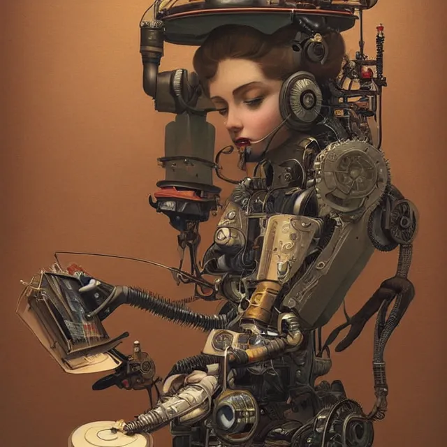 Prompt: robot artist painting a self - portrait on a canvas. intricate, highly detailed, digital matte painting, in the style of alexandros pyromallis, and in the style of sachin teng, and in the style of hans thoma, and in the style of gil elvgren. irony, recursion, inspiration, steampunk.