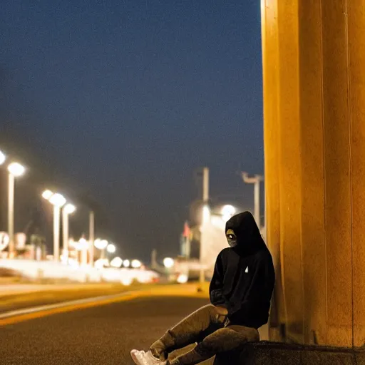 Prompt: anthropomorphic great white shark wearing a black hoodie and pants at night sitting alone under a single street light, city lights in the background