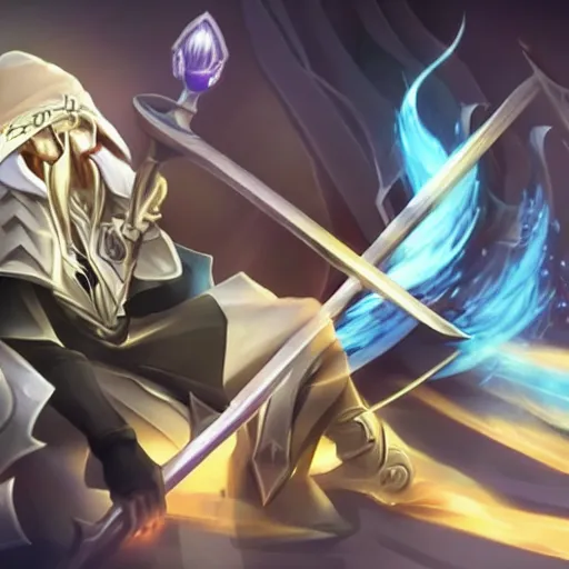 Image similar to Karthus from League of Legends holding a magical staff, laughing, anime art style