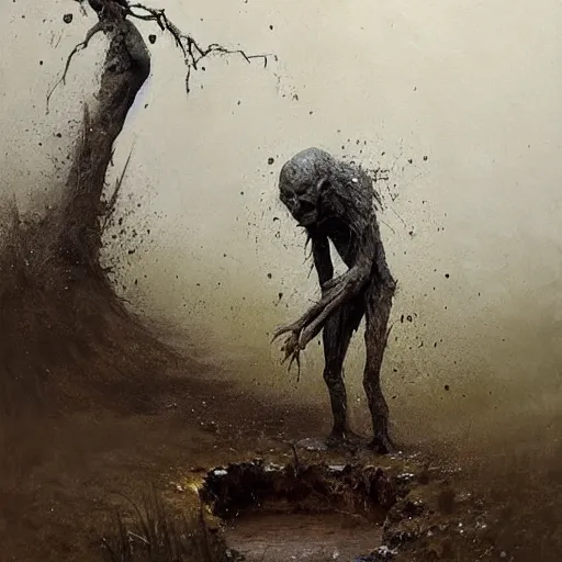 Image similar to painting by jakub rozalski of a muddy rooted humanoid creature with a big hole in the head. half body closeup