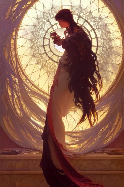 Image similar to painting of a shy noon in front of a dimensional portal, decorated, intricate, elegant, highly detailed, digital painting, artstation, concept art, smooth, sharp focus, illustration, art by artgerm and greg rutkowski and alphonse mucha, 8 k