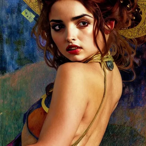 Prompt: half length portrait of ana de armas as a beautiful female human thief, royo, klimt, miro, vallejo, frazetta, alphonse mucha, greg rutkowski, whealan