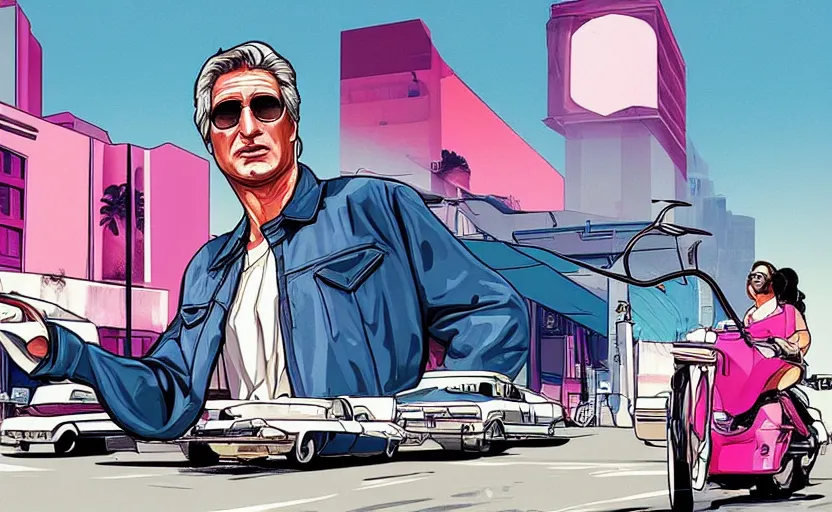 Prompt: richard gere in a grand theft auto loading screen, gta art style, illustration, beach, Miami, vice city