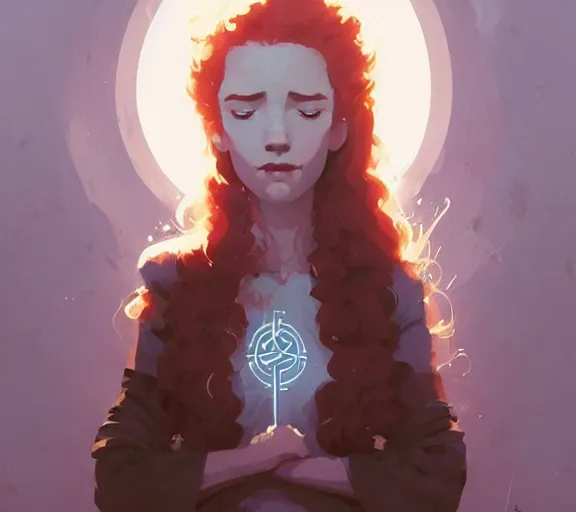 Image similar to portrait woman with long ginger curly hair, dress with runes, by atey ghailan, by greg rutkowski, by greg tocchini, by james gilleard, by joe fenton, by kaethe butcher, by ashley wood, dynamic lighting, gradient light blue, brown, blonde cream and white color scheme, grunge aesthetic