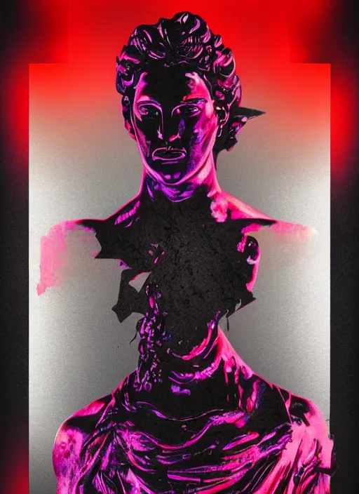 Prompt: dark design poster showing a statue of poseidon, black background with very subtle red and purple design elements, powerful, nekro, vito acconci, thin straight lines, dark, glitch art, neo vaporwave, gritty, layout frame, square, trending on artstation