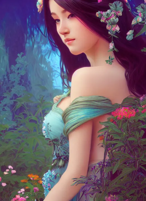 Prompt: beautiful girl with long turqoise hair in a garden, cute, intricate, highly detailed, digital painting, trending on artstation, concept art, smooth, sharp focus, backlit, rim light, vivid colors, illustration, unreal engine 5, 8 k, art by rossdraws and alphonse mucha