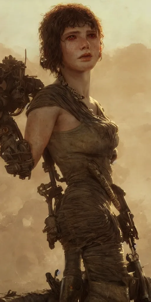 Image similar to mad max, beautiful young girl masterpiece by Edgar Maxence and Ross Tran and Michael Whelan, 8k, octane render