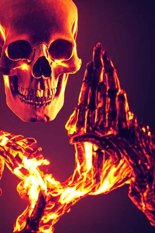 Prompt: photograph of a skull burning while being held up by a skeletal hand photorealistic, hyperdetailed, volumetric light, cinematic, f 8 aperture