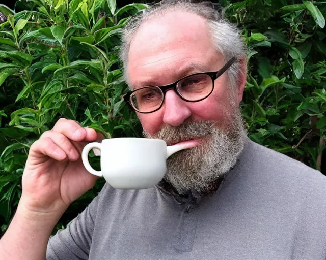 Prompt: mr robert is drinking fresh tea in a garden from spiral mug, detailed face, wearing glasses, grey beard, 8 k