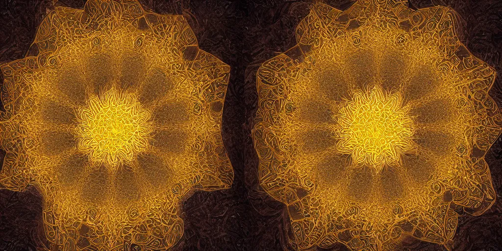 Prompt: golden fractal mandala encased in fractured ice, studio lighting, area light from above, colored silk sheets flowing in wind, smoke and dust