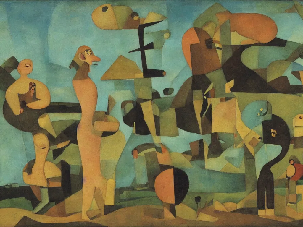 Prompt: scene with figure in a landscape. painting by victor brauner