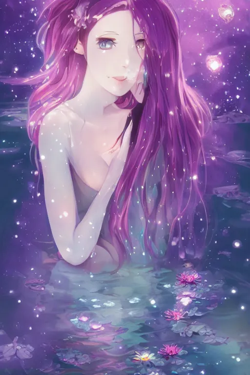 Prompt: whimsical, anime, 4k, beautiful intimate woman with professional makeup, long purple hair, a crystal and flower dress, sitting in on a reflective pond underneath the stars, rainbow fireflies, trending on patreon, deviantart, twitter, artstation, subtle and detailed, heavy contrast, art style of Ross Tran and Ilya Kuvshinov