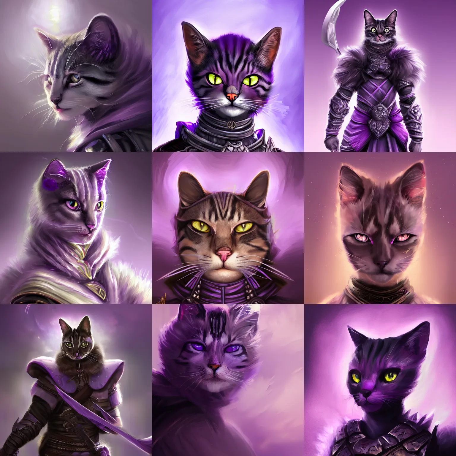 Prompt: portrait of a cat warrior in purple and white clothing, armored. bloom, dramatic lighting, shadows. dark fantasy, digital painting, hd, 4 k, detailed.