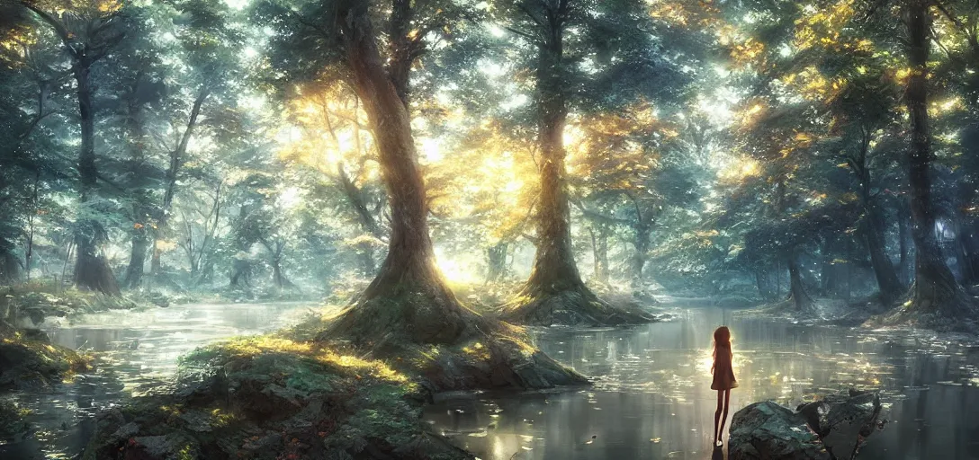 Prompt: anime forest and river, magical, mythical, ethereal, hyper realistic, straight lines 8k hdr pixiv dslr photo by Makoto Shinkai ilya kuvshinov and Wojtek Fus, digital art, concept art,