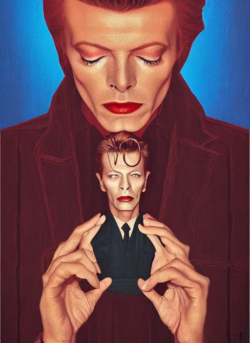 Prompt: twin peaks poster art, portrait of david bowie discovered the secrets of the black lodge, by michael whelan, rossetti bouguereau, artgerm, retro, nostalgic, old fashioned