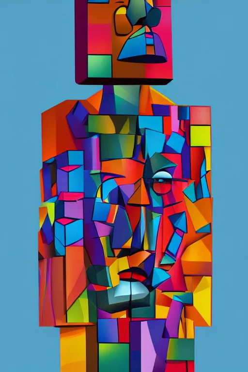 Image similar to cubist moai statue cutout digital illustration cartoon colorful beeple