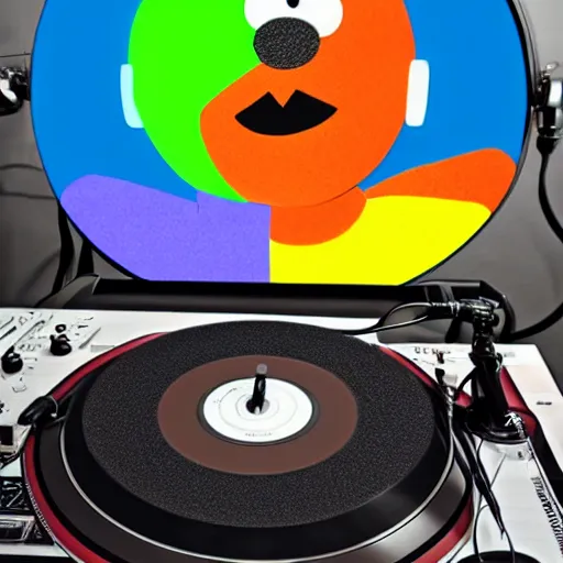 Image similar to svg sticker of a Pop-Wonder Bert&Ernie, Sesame-Street, at a rave, spinning records, giant headphones rocking out, wearing headphones, huge speakers, dancing, rave, DJ, spinning records, digital art, amazing composition, rule-of-thirds, award-winning, trending on artstation, featured on deviantart