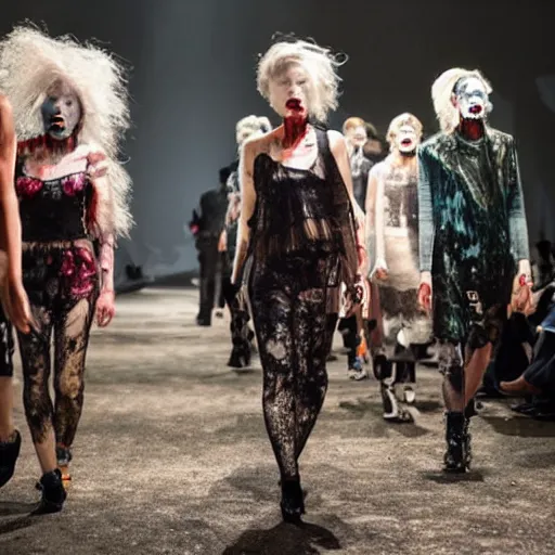 Prompt: high-fashion irradiated zombies walk the runway in a post-apocalyptic world