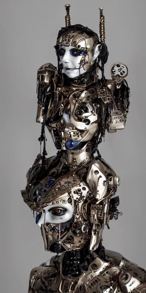 Prompt: a beautiful cyborg made of english pagan ceremonial maske