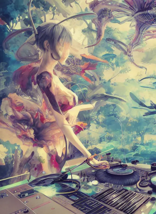 Image similar to surreal gouache painting, by yoshitaka amano, by ruan jia, by Conrad roset, by good smile company, detailed anime 3d render of a wild mushroom Surrounded by a magical dragonfly and a big DJ Mixer, deck, portrait, cgsociety, artstation, rococo mechanical and Digital and electronic, dieselpunk atmosphere