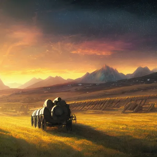 Prompt: cinematic photo taken from behind a wagon filled with hay. Caslte on mountains in the distance. In anime style, dark color. explosions, ultra wide angle, panoramic, fish eye, colorfull painting, centered, front, horizont, outline, stars, gundam, mech, detailed, art by Stephan Martiniere, 4k resolution