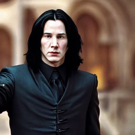 Image similar to Film Still of a Young Keanu Reeves playing a Young Severus Snape in Harry Potter, Film Still, realistic, hyperrealistic, very realistic, very very realistic, highly detailed, very detailed, extremely detailed, detailed, detailed face, very detailed face, very detailed face, realism, HD Quality, 8k resolution, intricate details, body and head in frame, Real Life