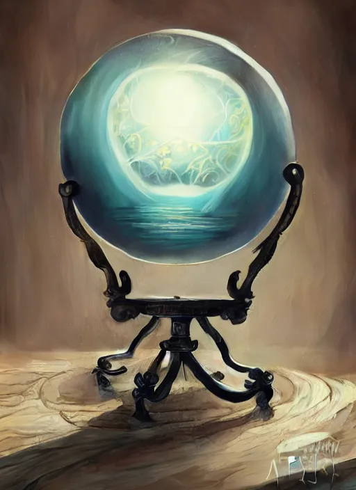 Image similar to crystal ball on a wood stand with a beautiful dreamscape inside, studio product photography, centered, super highly detailed, professional digital painting, artstation, concept art, smooth, sharp focus, extreme illustration, unreal engine 5, photorealism, beautiful, cinematic, art by artgerm and rutkowski and alphonse mucha and loish and wlop