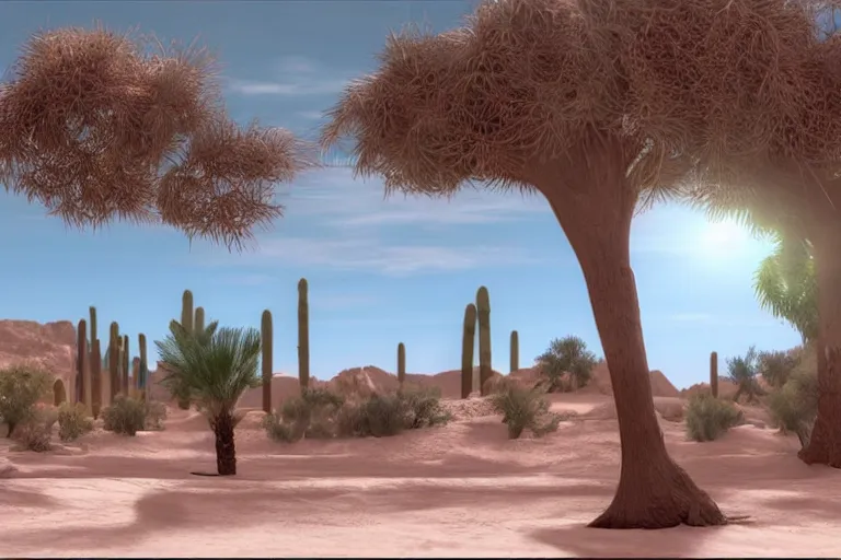 Prompt: desert oasis in a translucent casing electronic environment, ps 4 screenshot, still from a kiyoshi kurosawa movie, sanriocore, full sun lighting, caustic lighting