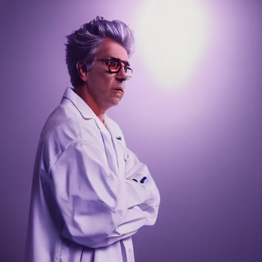 Image similar to portrait of rick sanchez, lab coat and tee shirt, lens flare, atmosphere, glow, detailed, intricate, full of colour, cinematic lighting, 4 k, hyperrealistic, focused, extreme details, cinematic, masterpiece