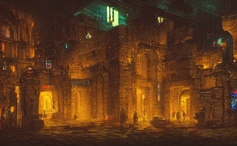 Image similar to a cyberpunk medieval castle, stone brick walls, vincent lefevre, neon lights, fantasy art, sci - fi, pedestrians