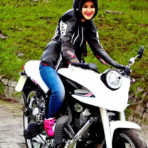 Prompt: putri cinta riding motorcycle