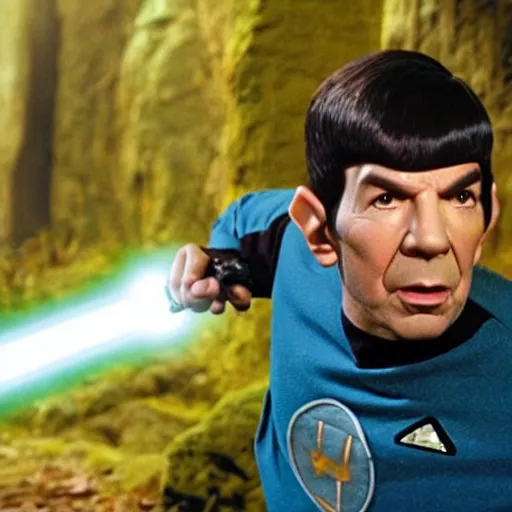 Image similar to a still shot of a movie, spock from star trek, spock holding a starwars lightsaber, spock in the hobbit shire, spock wearing hogwarts robes, spock is wearing a wizard's hat, 4k