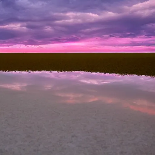 Prompt: rose and lavender colored sky with light pink clouds on a salt flat reflecting the pink sky dreamland