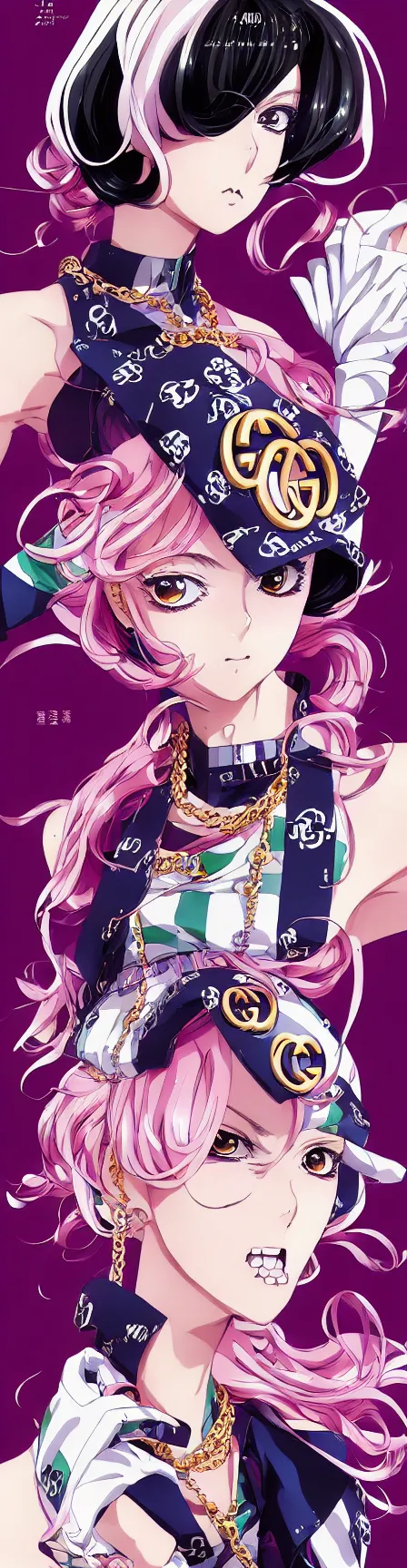 Image similar to Magazine Cover Anime key visual of a Gucci girl; official media; typography; drawn by Hirohiko Araki; Jojo's Bizarre Adventure; Jojolion, portrait, made by Stanley Artgerm Lau, WLOP, Rossdraws, James Jean, Andrei Riabovitchev, Marc Simonetti, Yoshitaka Amano, ArtStation