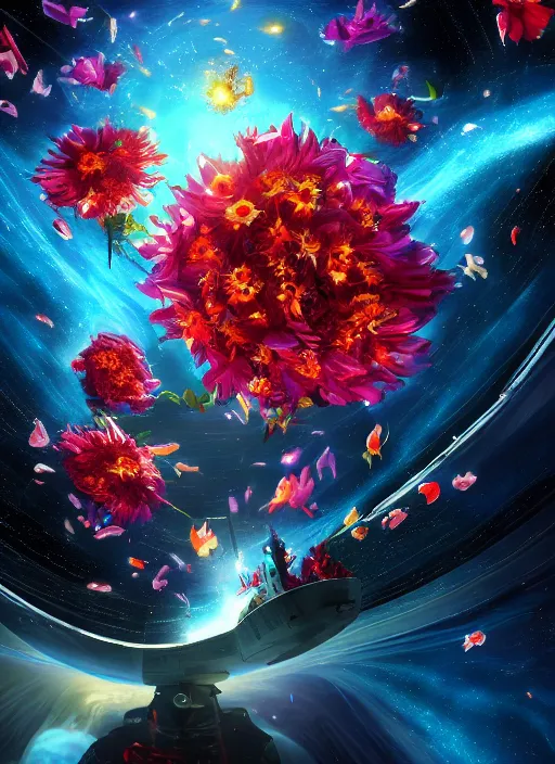 Image similar to An epic fantastic realism comic book style painting of the most beautiful flowers launched into space, bouquets, everything being pulled into a black hole, fisheye, unreal 5, DAZ, hyperrealistic, octane render, dynamic lighting