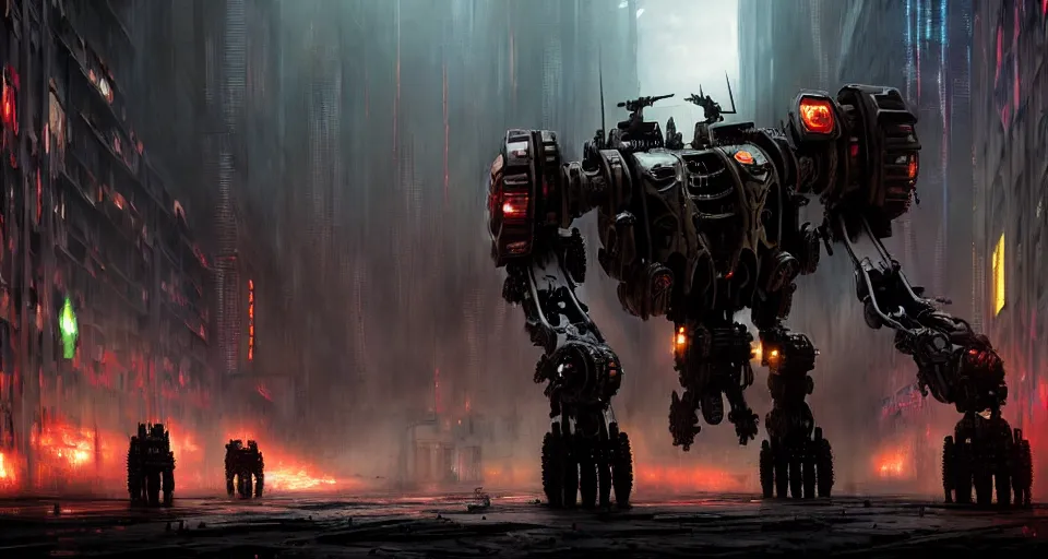 Prompt: zombie - flesh - battlemech, in a cyberpunk gothic city hyper realistic sci - fi matte concept art painting of dramatic cinematic scene, guns, missiles, explosions, beautiful details, strong composition painted by kim jung guweta studio rutkowski, james gurney and greg rutkowski, and lucasfilm, smooth, intricate, detailed, sharp focus, cinematic