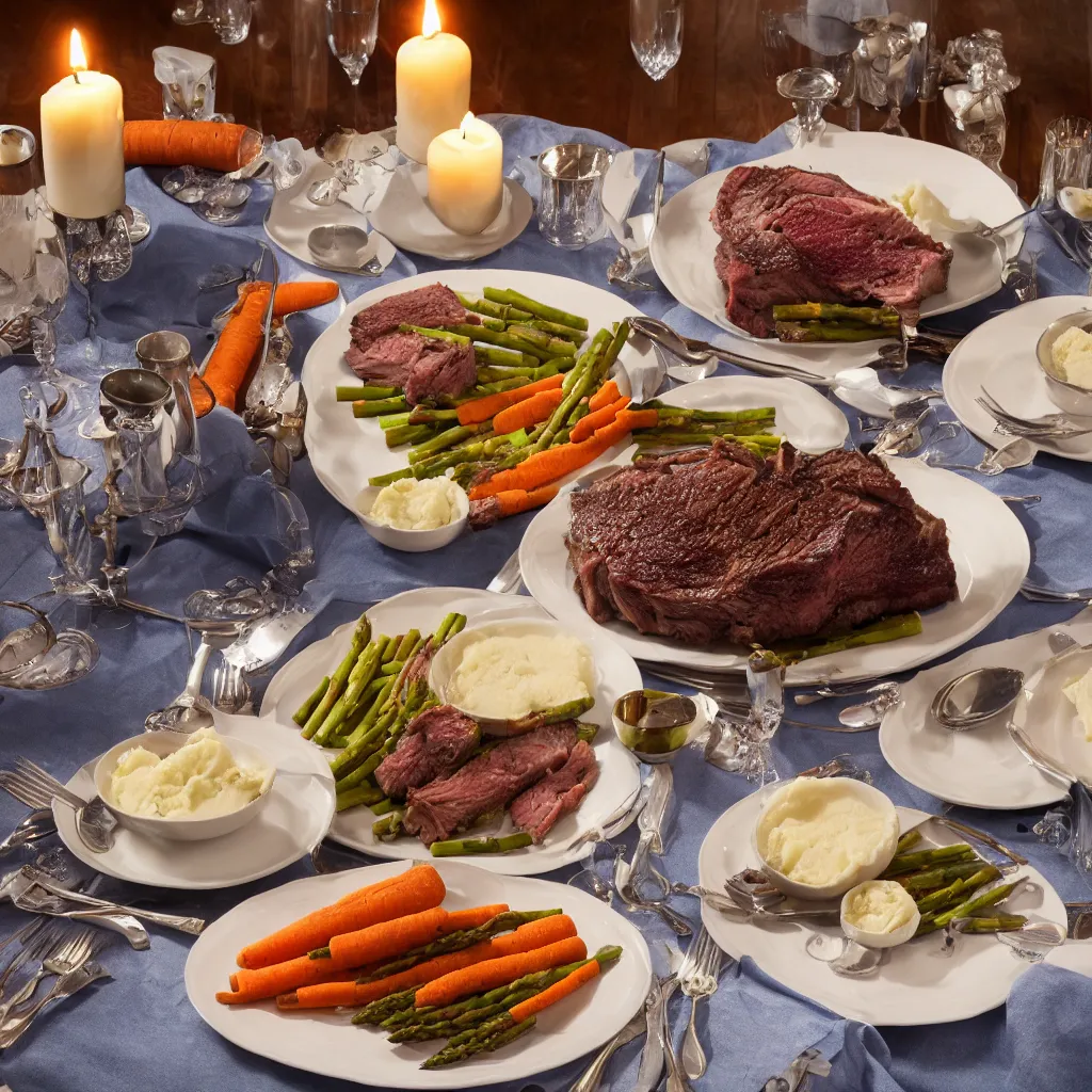 Prompt: product shot of a dinner with prime rib, asparagus, mashed potatoes and gravy, and steamed carrots with blue table cloth and lit candles in ornate silver candlesticks, ultra - realistic, photo realism, professional photograph, extreme detail, deep focus, laser sharp, volumetric lighting, atmospheric, five - star, luxury, elite