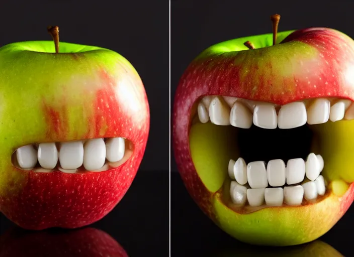 Image similar to photo still of an apple with human teeth, 8 k, studio lighting bright ambient lighting key light, 8 5 mm f 1. 8