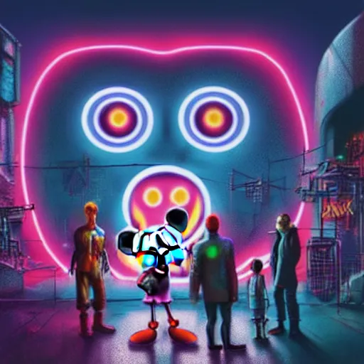 Image similar to a group of people standing around a giant one - eyed mickey mouse, cyberpunk art by david lachapelle, cgsociety, dystopian art by industrial light and magic, netflix neon logo concept art, neons, interior