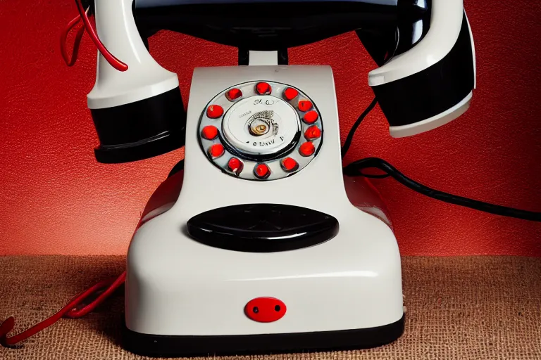 Image similar to commercial product photography advertisement for Salvador Dali’s Lobster Telephone, a black Rotary telephone with a red painted plaster lobster for a handle, Rear lighting, commercial studio lighting