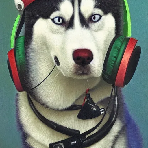 Prompt: a husky with headphones ， oilpainting, by baluschek, hans ， - h 7 6 8