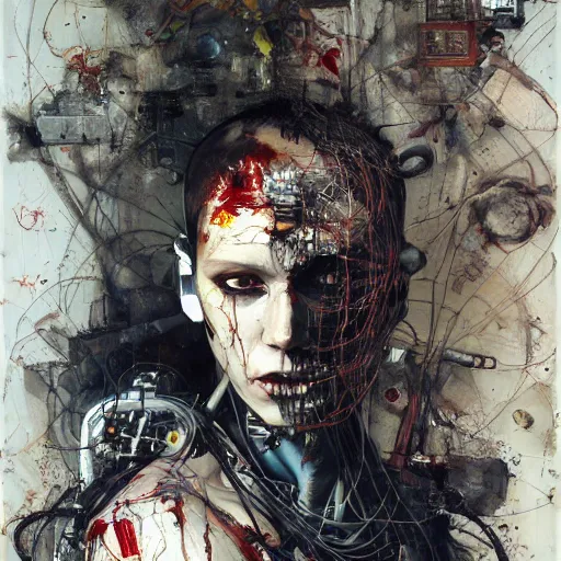 Image similar to a lost male cyberpunk hacker, skulls, wires cybernetic implants, machine noir dieselpunk grimcore, in the style of adrian ghenie esao andrews jenny saville surrealism dark art by james jean takato yamamoto and by ashley wood