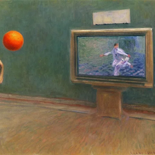 Image similar to monet painting of a skinny man playing warzone on an oversized computer, a soccer ball flying towards him from behind, highly detailed, realistic,