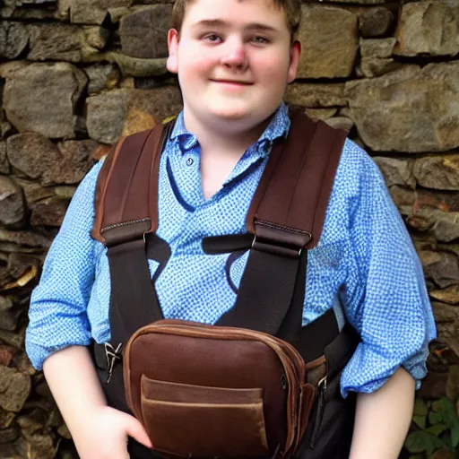 Prompt: pudgy British teen with short curly dark brown hair as a hobbit wearing a white men's crossbody sling chest bag and blue vest