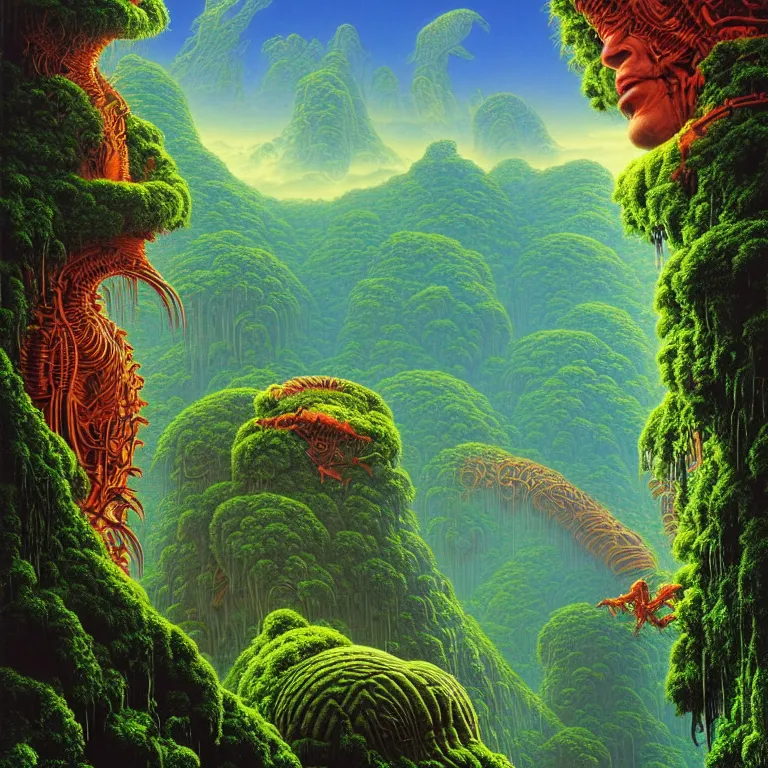 Image similar to giant sleeping biomechanical stone head sailing over lush rainforest mountaintops, synthwave, bright neon colors, highly detailed, cinematic, tim white, vladimir kush, philippe druillet, roger dean, bob eggleton, michael whelan, boris vallejo, alfred kelsner, kubrick, jaroslaw jasnikowski