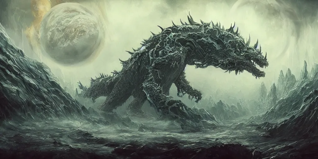 Image similar to concept art of giant kaiju, lovecraftian, roaring, melting horror, round moon, rich clouds, fighting the horrors of the unknown, mirrors, very detailed, volumetric light, mist, grim, fine art, decaying, textured oil over canvas, epic fantasy art, very colorful, ornate scales, anato finnstark