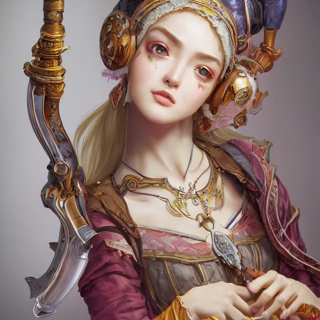 Prompt: studio portrait of neutral good colorful female cleric bard healer as absurdly beautiful, elegant, young skinny gravure idol, ultrafine hyperrealistic detailed face illustration by kim jung gi, irakli nadar, intricate linework, sharp focus, bright colors, matte, octopath traveler, unreal engine highly rendered, global illumination, radiant light, intricate environment