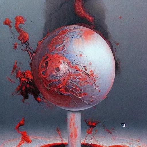 Image similar to a sphere being devoured by abstract splatters of paint in the style of francis bacon, venus being engulfed in flames in the style of james jean, pascal blanche, surreal, beksinski, high detailed