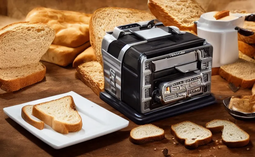 Image similar to a time-traveling delorean styled toaster with toast, bread inserted into slot, professional product shot, magazine ad